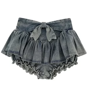 Vintage Blue Patchwork High Waist Denim Pants Skirts Summer