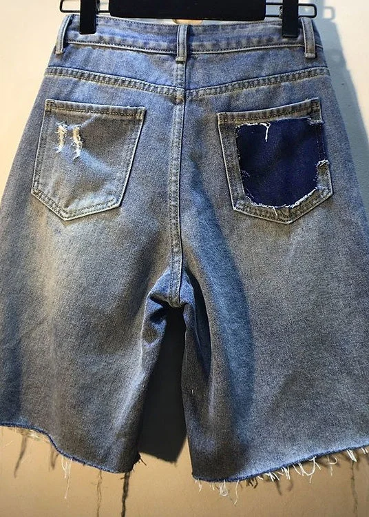 Unique Blue Nail Bead Patchwork High Waist Ripped Shorts Jeans - Image 5