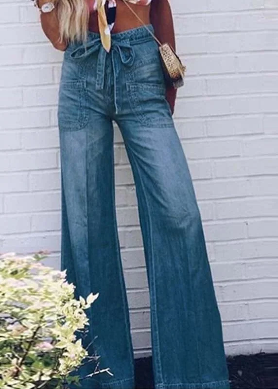 French Blue Oversized Tie Waist Denim Wide Leg Pants Summer - Image 2