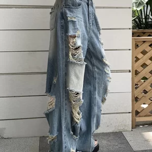 Boho Blue Pockets Patchwork Hole Denim Pants Fall