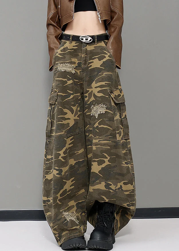 American Style Army Green Camouflage Pockets Denim Wide Leg Pants Fall - Image 5