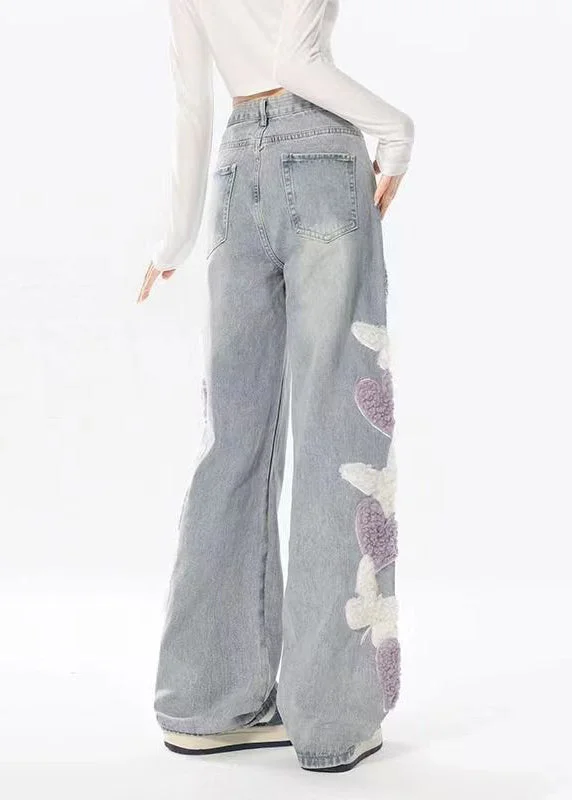 Boutique Navy Heart Embroideried Pockets Denim Wide Leg Pants Spring - Image 4