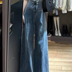 New Blue Button High Waist Denim Wide Leg Pants Summer