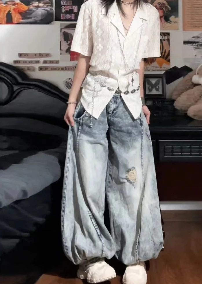 Bohemian Light Blue High Waist Denim Ripped Jeans Spring - Image 5