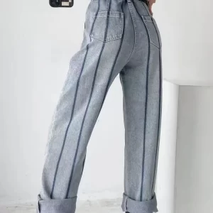 Fashion Blue High Waist Striped Patchwork Jeans Spring