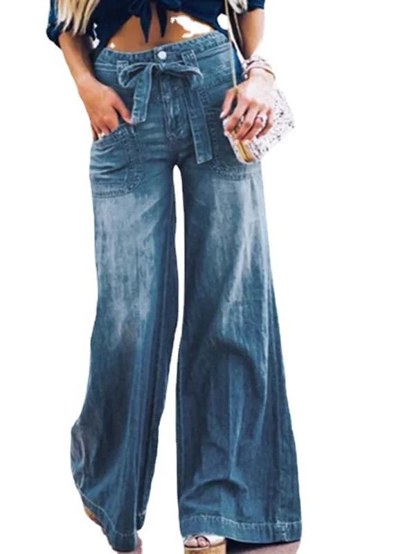 French Blue Oversized Tie Waist Denim Wide Leg Pants Summer - Image 4