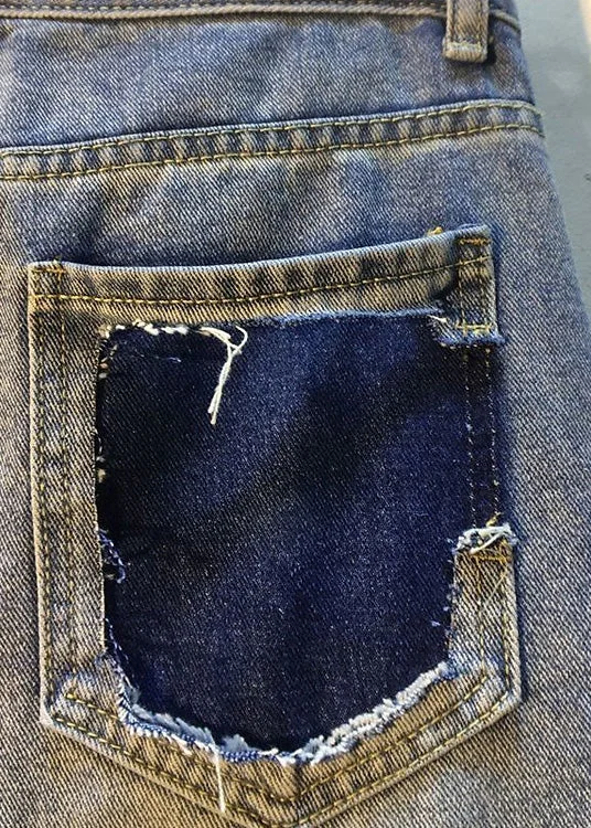 Unique Blue Nail Bead Patchwork High Waist Ripped Shorts Jeans - Image 4