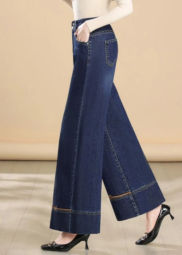 Silm Fit Navy Embroidered Denim Wide Leg Pants Summer - Image 4