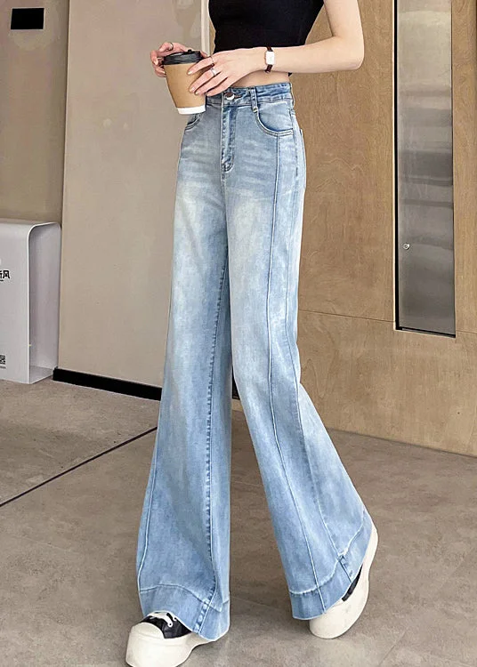 Women Light Blue Pockets Patchwork Denim Pants Fall - Image 4