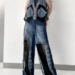 Cool Blue Hollow Out Patchwork Fishnet Pockets Wide Leg Jeans