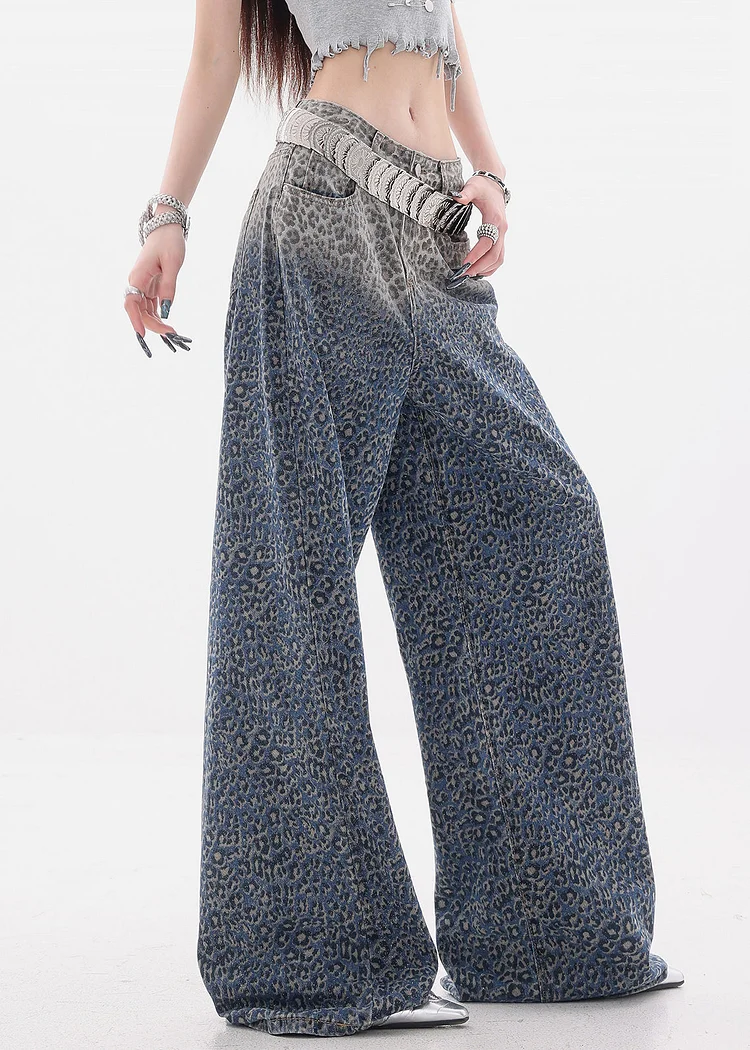 Chic Gradient Color Leopard High Waist Denim Wide Leg Pants Fall - Image 5