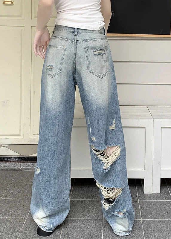 Boho Blue Pockets Patchwork Hole Denim Pants Fall - Image 4