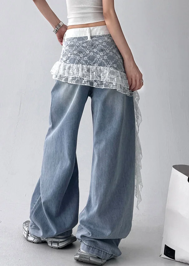 Art Blue Hole Lace Patchwork Denim Pants Fall - Image 5