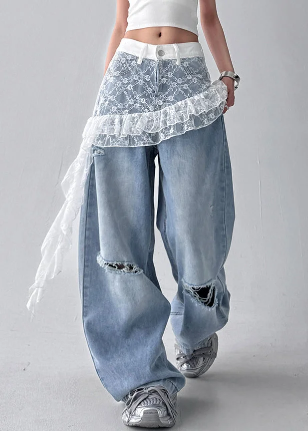 Art Blue Hole Lace Patchwork Denim Pants Fall - Image 2