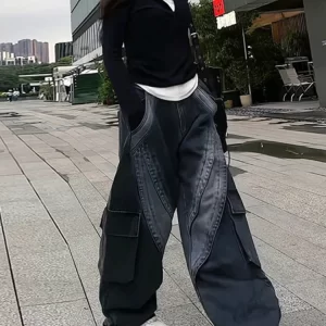 Classy Black Oversized With Pockets Denim Pants Spring