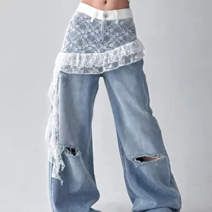 Art Blue Hole Lace Patchwork Denim Pants Fall
