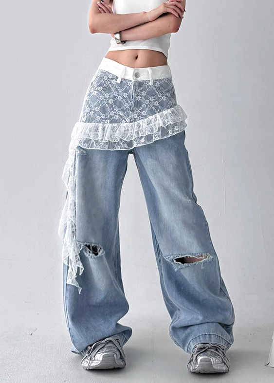 Art Blue Hole Lace Patchwork Denim Pants Fall