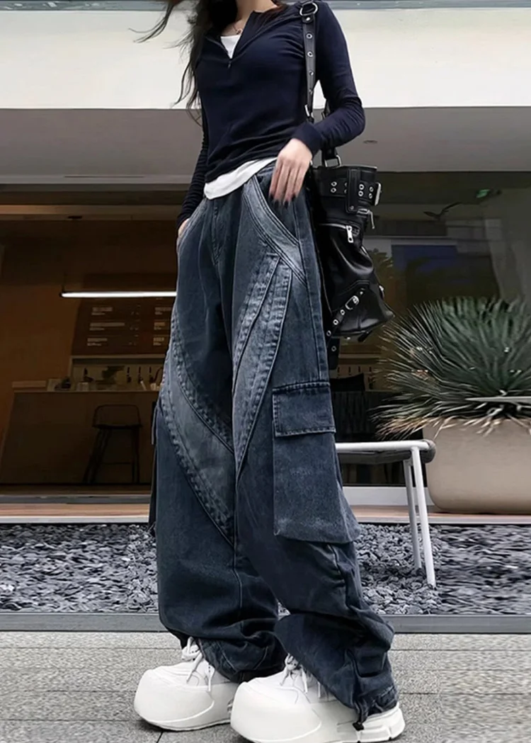 Classy Black Oversized With Pockets Denim Pants Spring - Image 5
