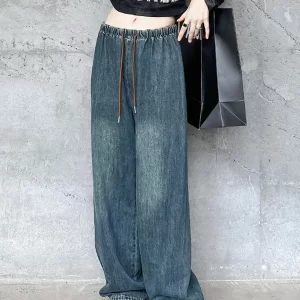 Elasticity High Waisted Loose Denim Blue Drawstring Jeans