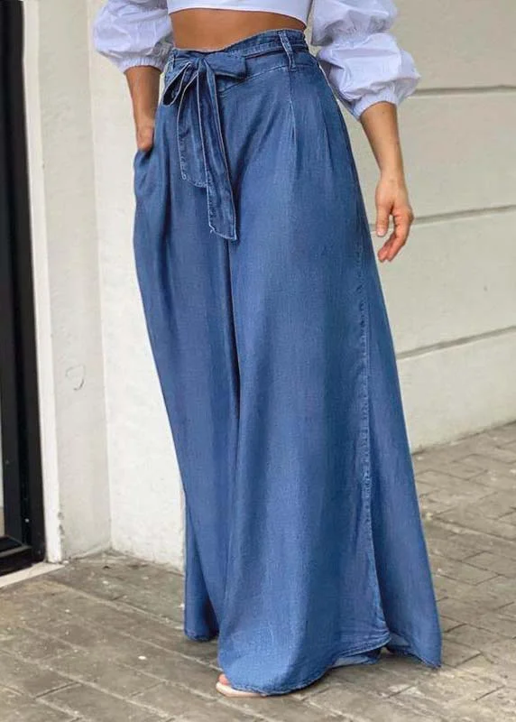 Italian Blue Tie Waist Oversized Denim Wide Leg Pants Trousers Summer - Image 4