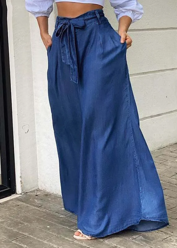 Italian Blue Tie Waist Oversized Denim Wide Leg Pants Trousers Summer - Image 5