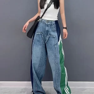 Hip-hop Red Contrast Color Split-Joint Drawstring Wide Leg Denim Pants