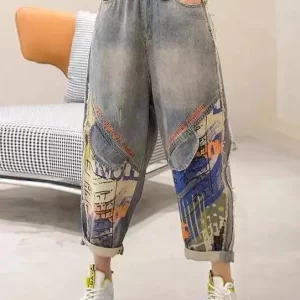 Fashion Light Blue Print Patchwork Sashes High Waist Crop Jeans Summer