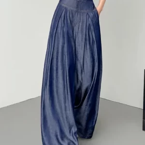 French Navy Pockets High Waist Denim Pants Summer