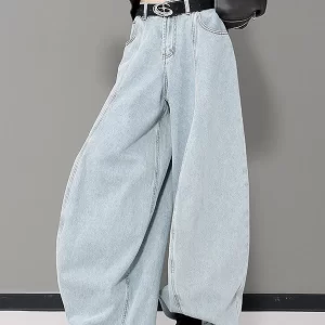 Women Blue Pockets Patchwork Denim Wide Leg Pants Fall