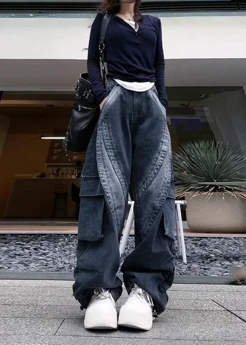 Classy Black Oversized With Pockets Denim Pants Spring - Image 4