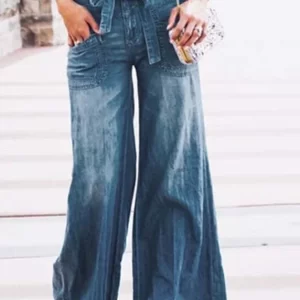 French Blue Oversized Tie Waist Denim Wide Leg Pants Summer