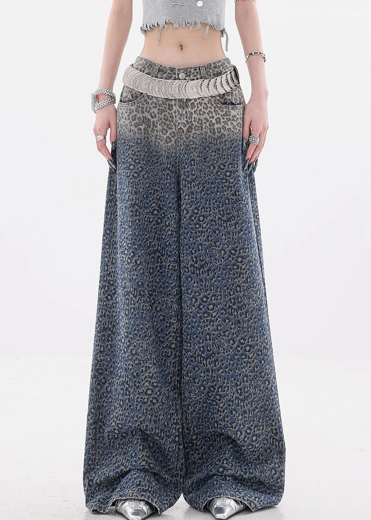Chic Gradient Color Leopard High Waist Denim Wide Leg Pants Fall - Image 2
