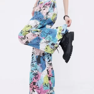 Fashion Pockets Cartoon Print Denim Wide Leg Pants Fall