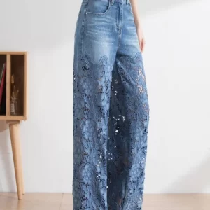Vogue Blue Lace Patchwork Hollow Out High Waist Denim Pants