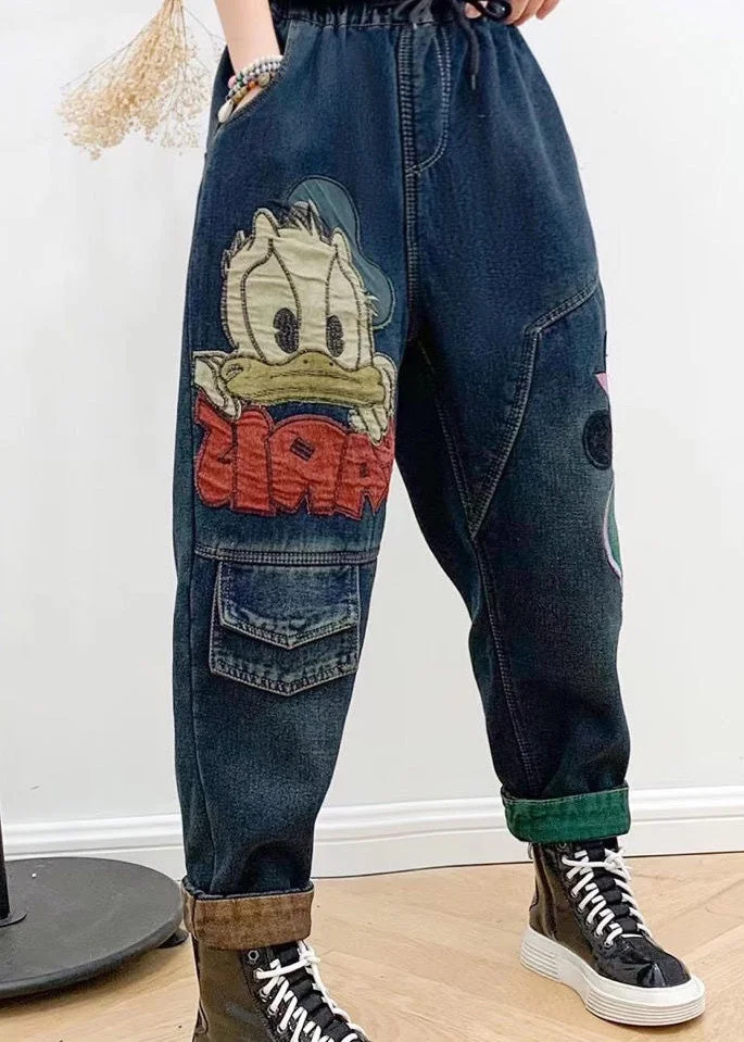 Navy Blue Elastic Waist Crop Harem Jeans - Image 3