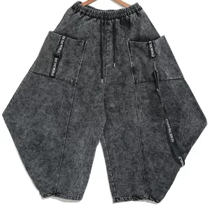 Beautiful Black Grey Cinched Patchwork denim Pants Trousers