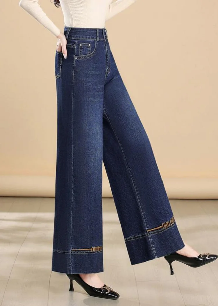 Silm Fit Navy Embroidered Denim Wide Leg Pants Summer - Image 5