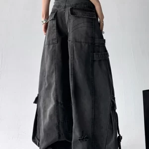 Black Original Design Pockets Denim Pants High Waist