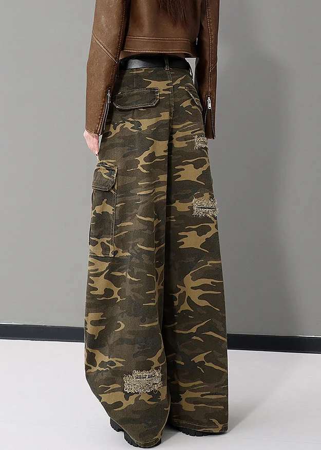 American Style Army Green Camouflage Pockets Denim Wide Leg Pants Fall - Image 2