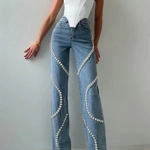 Design Blue High Waisted Zircon Decor Pockets Straight Jeans
