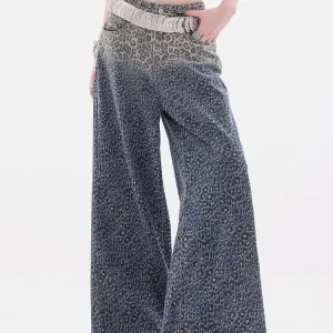 Chic Gradient Color Leopard High Waist Denim Wide Leg Pants Fall