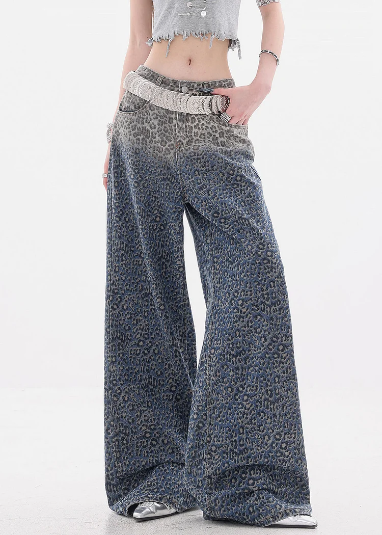 Chic Gradient Color Leopard High Waist Denim Wide Leg Pants Fall