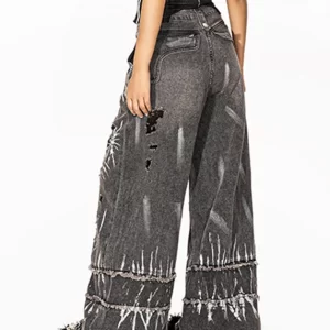 Loose Dark Grey Pockets Tie Dye Hole High Waist Wide Leg Jeans