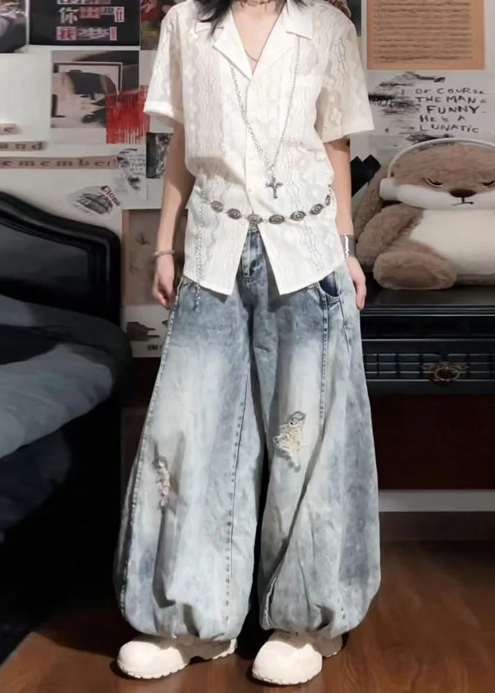 Bohemian Light Blue High Waist Denim Ripped Jeans Spring - Image 4