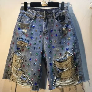 Unique Blue Nail Bead Patchwork High Waist Ripped Shorts Jeans