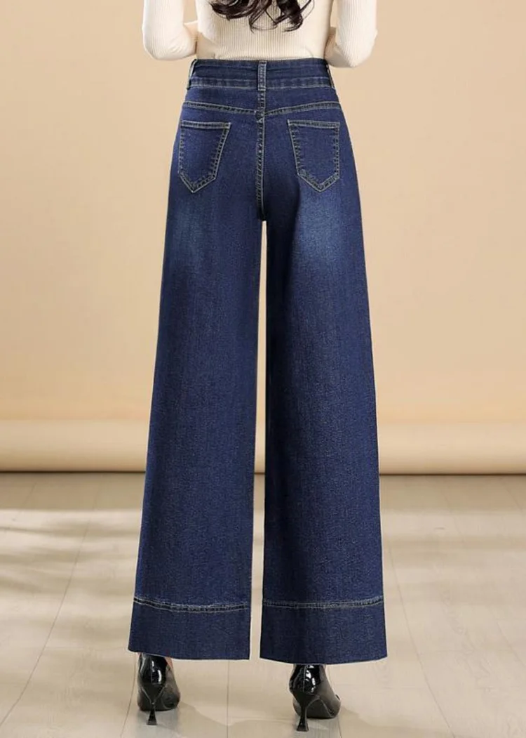Silm Fit Navy Embroidered Denim Wide Leg Pants Summer - Image 2