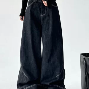 Plus Size Black High Waist Patchwork Straight Denim Pants Spring