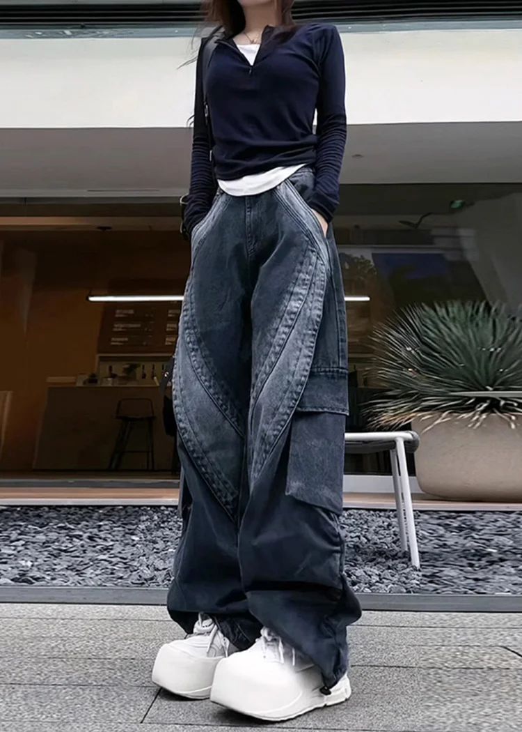 Classy Black Oversized With Pockets Denim Pants Spring - Image 3