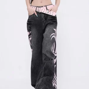 Boutique Black Graffiti Pockets Denim Wide Leg Pants Fall