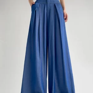 Light Blue Button Denim Wide Leg Pants High Waist